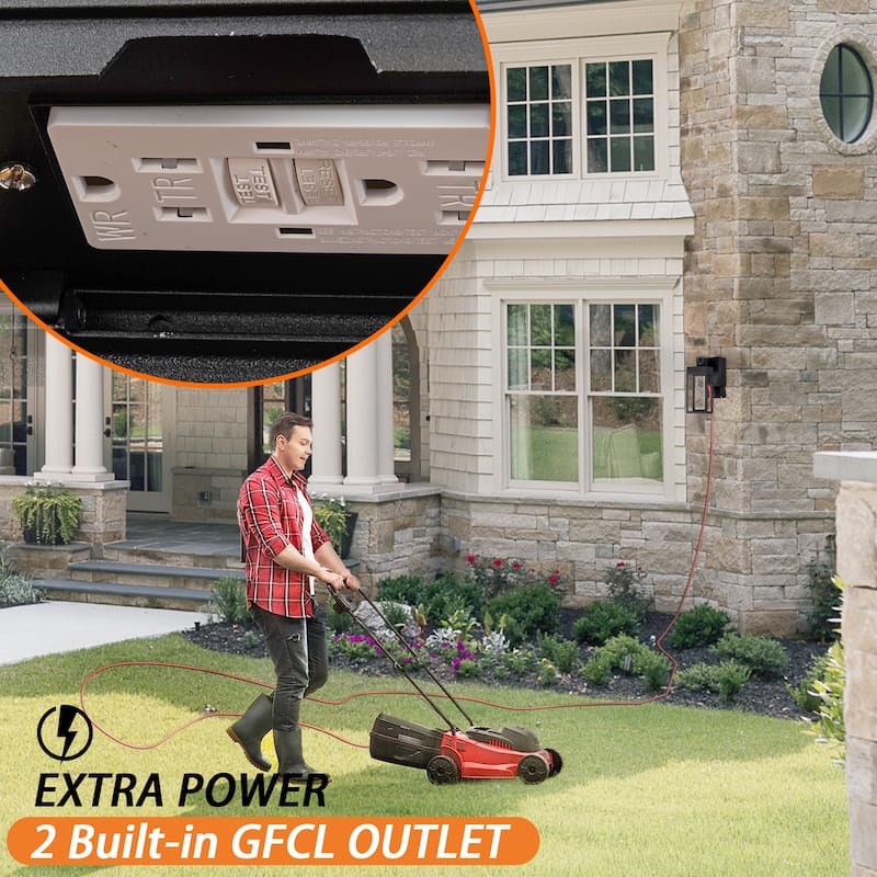 Modern LED Outdoor Black Dusk to Dawn Sensor Wall Lantern Sconce with Seeded Glass and built-in GFCI Outlets