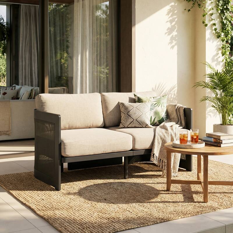 Christopher Knight Home - Aluminum Outdoor 50.25" Loveseat with Soft Cushions & Foldable Design - Black