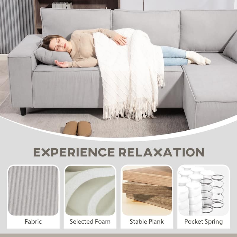 HOMCOM 95" Sectional Sofa with Reversible Chaise Lounge, L-Shaped Corner Sofa with Corduroy Fabric, Pocket Spring, 2 Pillows