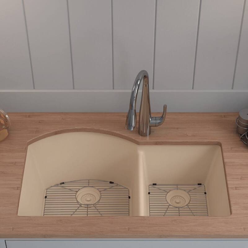 Lexicon Platinum Quartz 32 Inch 70/30 Double Bowl Kitchen Sink with Bottom Grids and Strainers and Disposal Flange
