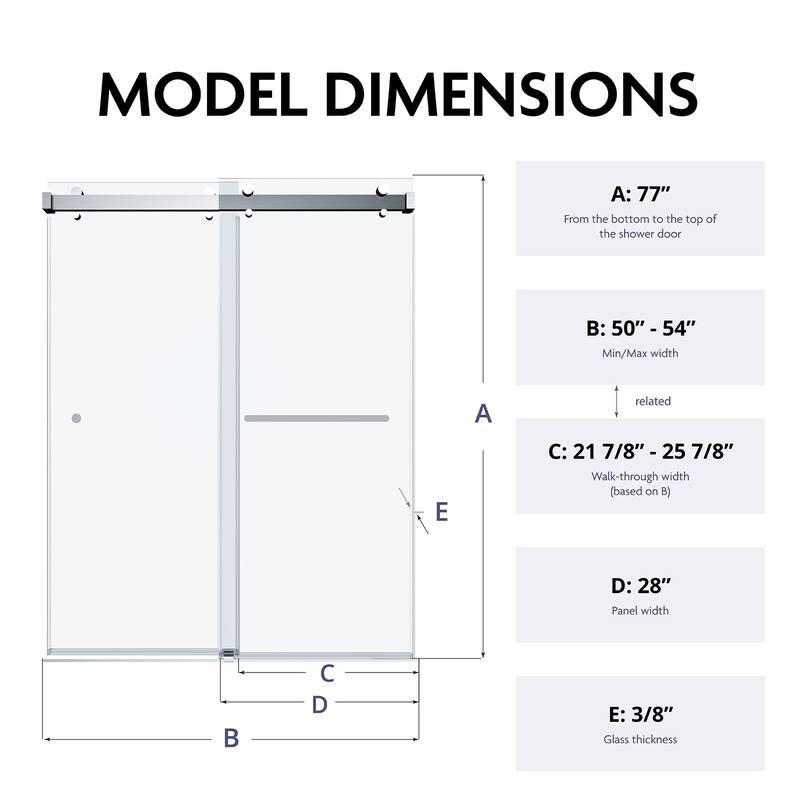 SP Series 50" - 54" W x 77" H Double Sliding Frameless Glass Shower Door with 3/8" Clear Tempered Glass