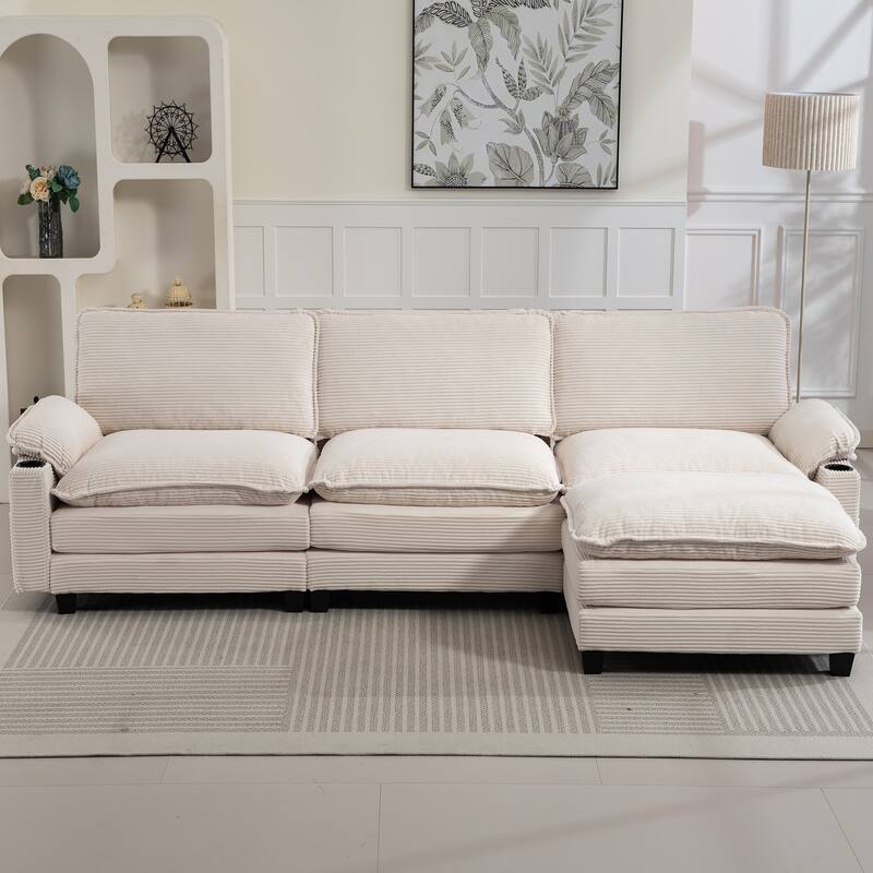 L-Shaped Modular Sectional Sofa with Ottoman, Oversized Corduroy Upholstered Cloud Couch with Cup Holders & Side Pockets