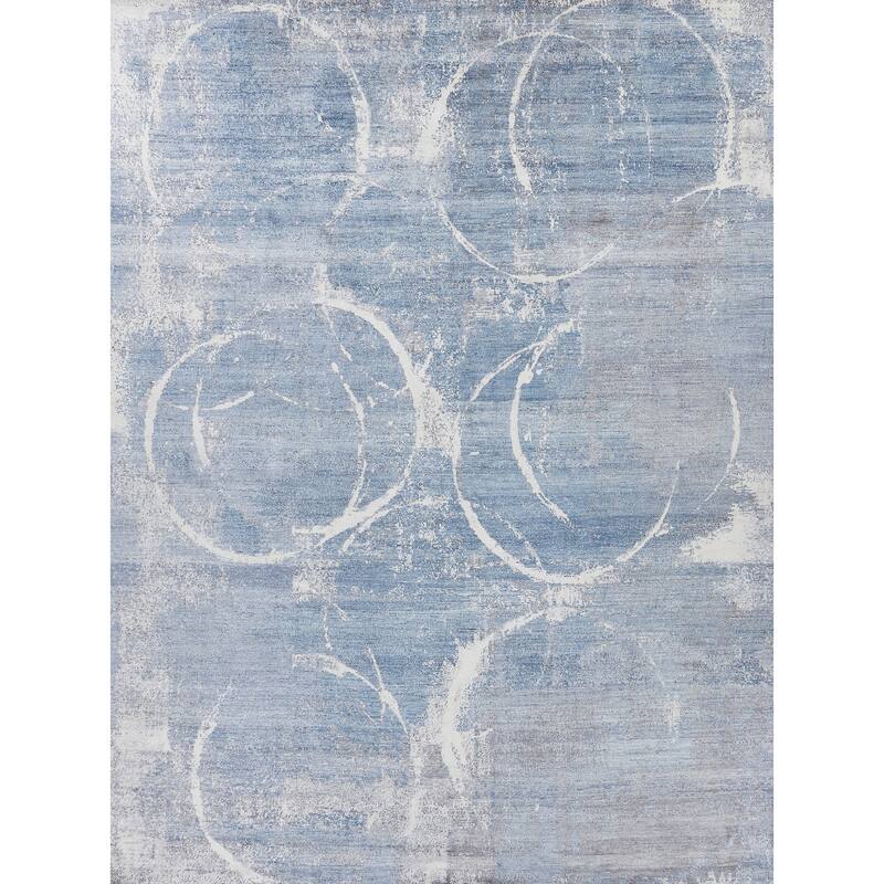 EXQUISITE RUGS Fine Pure Silk Hand-knotted Silk Blue/Grey/Ivory Area Rug.