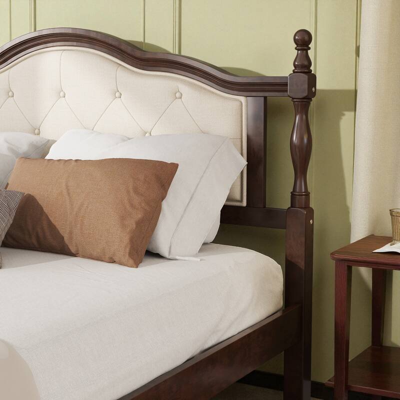 Queen Size Pine Wood Bed with Upholstered Headboard and Panel Footboard, Solid Frame with Central Support and Under-Bed Storage