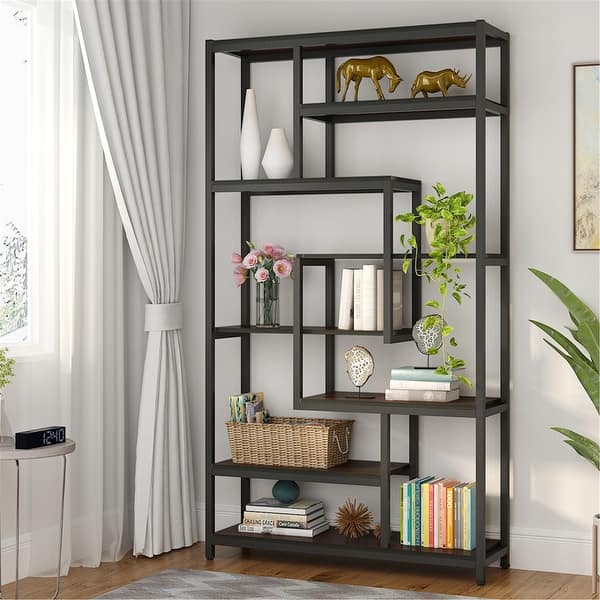slide 1 of 29, 8-Shelves Staggered Bookshelf Industrial Etagere Bookcase Dark Brown Board/Black Frame