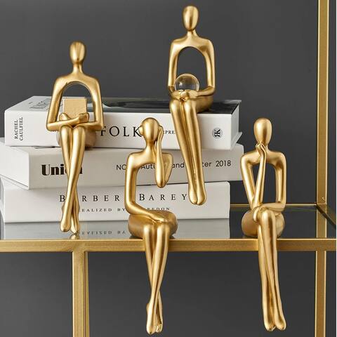 Curata Home Set of 4 Large Gold Resin Book Shelf Sitting Thinking Figurines for Library - 9"x 2.75"x 3.5" - Medium
