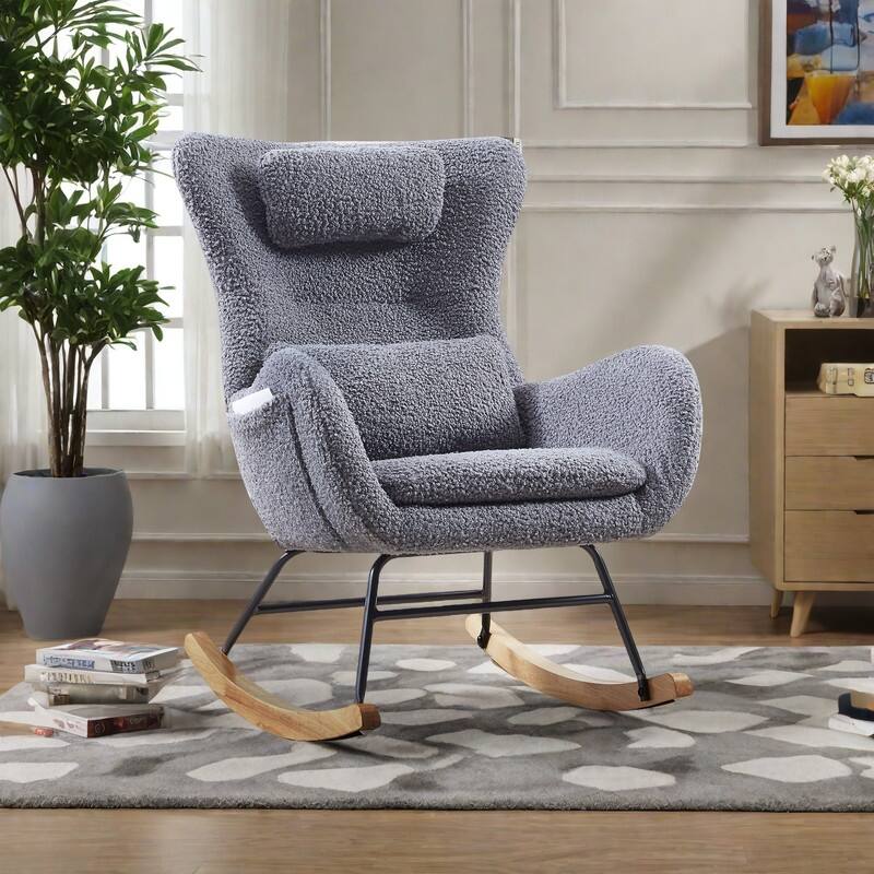 Fabric Upholstered Nursery Rocking Chair with High Backrest and Polyurethane Foam Cushion - Gray