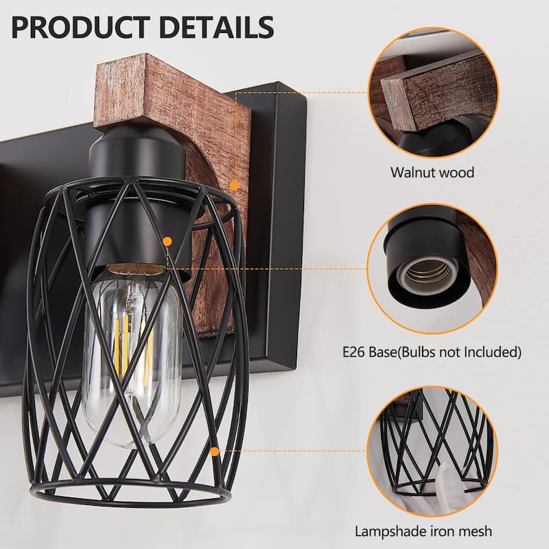 38" 6-Light Industrial Wall Sconce - Black Cage - Wood - Bathroom， Hallway, or Living Room(Bulb Not Included)