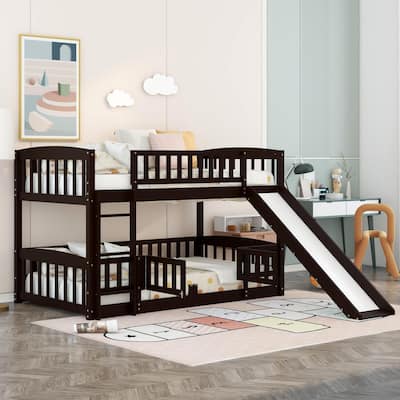 Espresso Pine Wood Bunk Bed with Convertible Slide, Ladder, and Fence Door