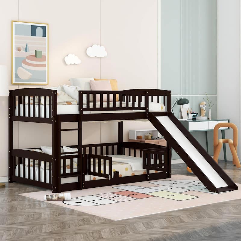 Twin Over Twin Low Bunk Bed with Slide, Fence and Ladder for Kids & Teens - Espresso - Espresso