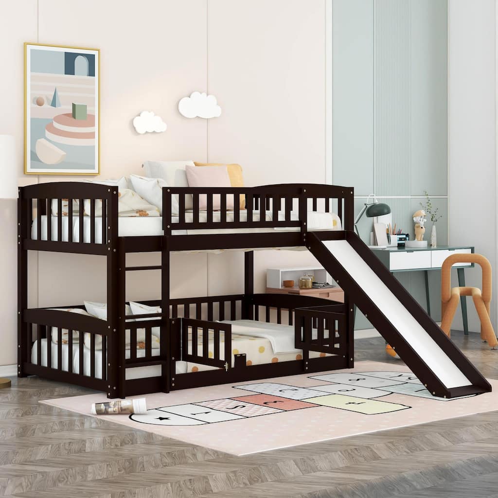 Twin Over Twin Low Bunk Bed with Slide, Fence and Ladder for Kids & Teens - Espresso