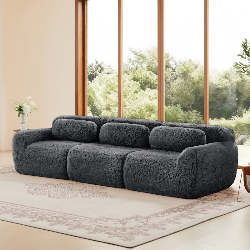 114" Soft And Fluffy Plush Fabric, Modular Sectional Sofa Couches, Ergonomic Design With Ottoman And Throw Pillows