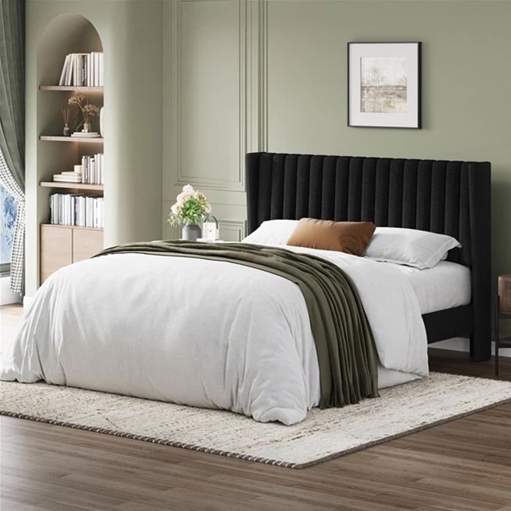 Upholstered Queen Size Bed Frame with Wing Side and Wood Slat Support