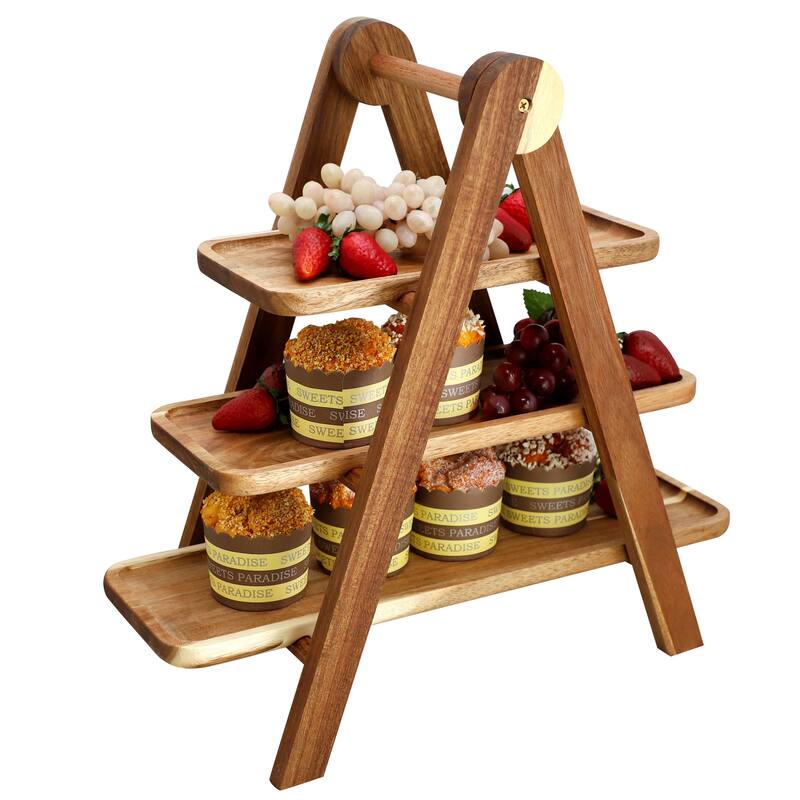 3 Tiered Acacia Wood Rectangular Stacked Tray Set Perfect For Serving