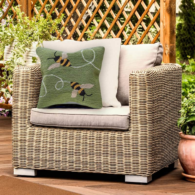 Liora Manne Frontporch Buzzy Bees Indoor/Outdoor Pillow Green 18" Square