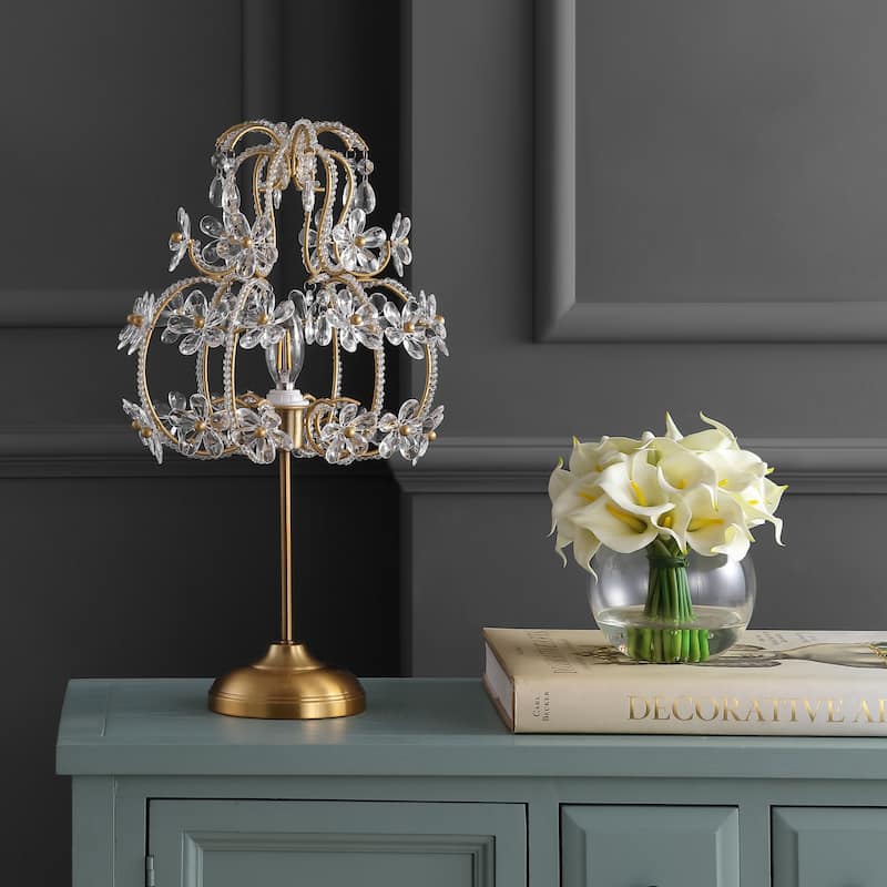 Stork 20.5" Crystal Flower Beaded Girandole Metal/Acrylic LED Table Lamp, Brass Gold/Clear by JONATHAN Y