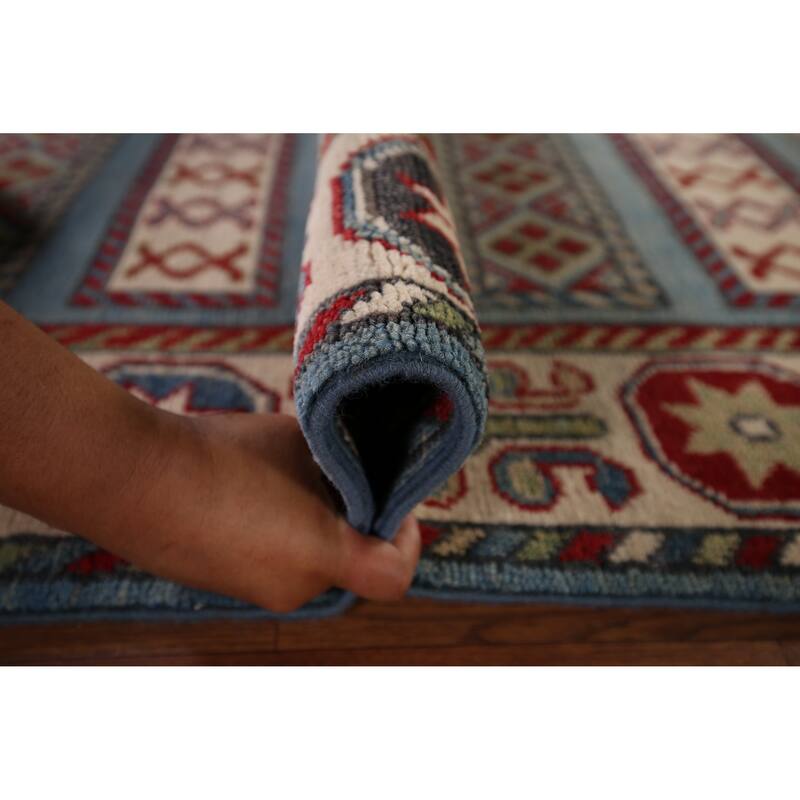 Light Blue Kazak Oriental Runner Rug Handmade Wool Carpet - 3'0" x 16'5"