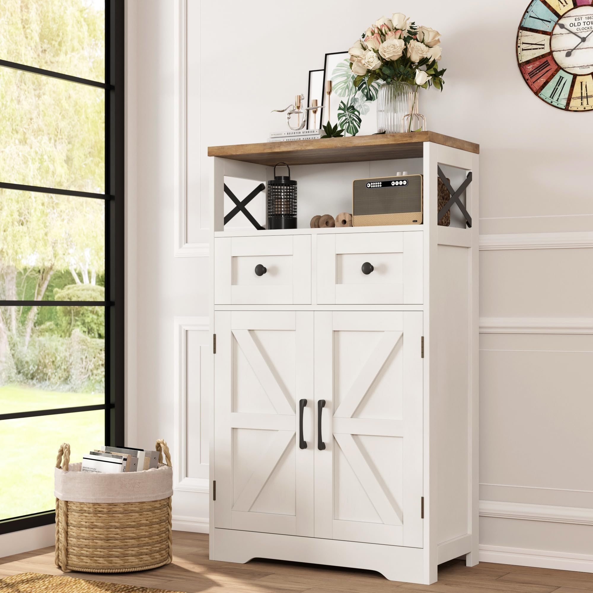 Farmhouse Storage Cabinet with Doors & Drawers, Freestanding Kitchen Pantry Cabinet, Floor Storage Cabinet Hutch Cupboard