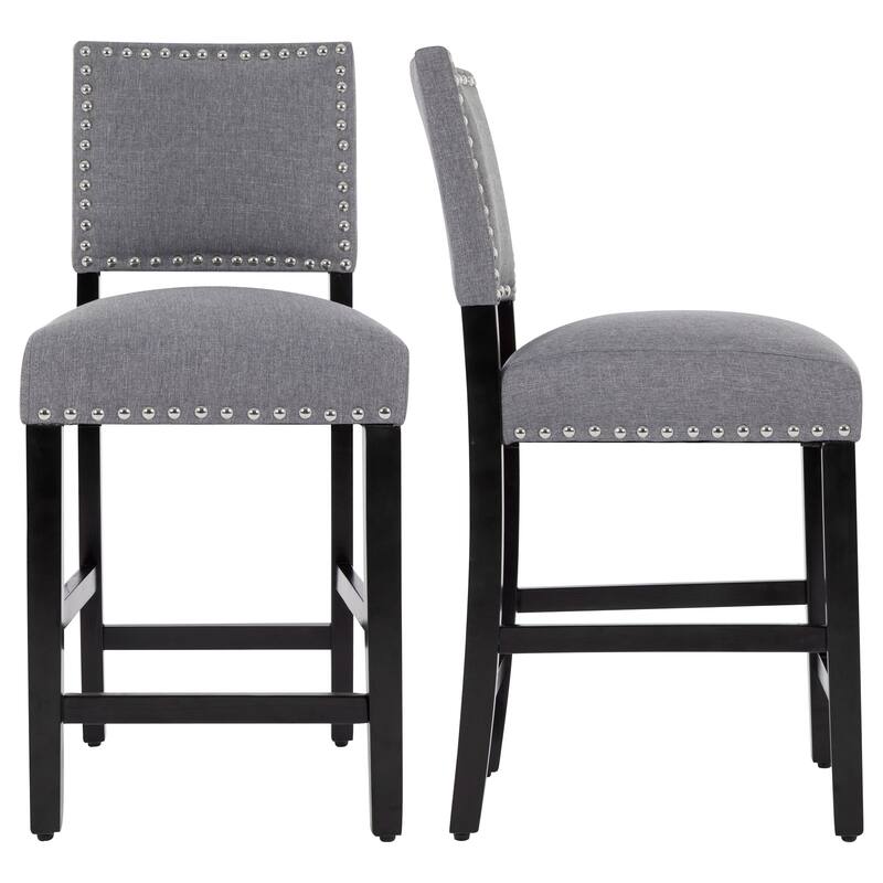 24 Inches Fabric Upholstered Counter Height Bar stools with Back and Silver Nailhead Trim Set of 2 - Grey-2-piece