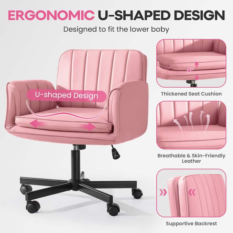BOSSIN Criss Cross Office Chair with Arms and Wheels - Adjustable Swivel PU Leather Desk Chair for Makeup Vanity, Bedroom