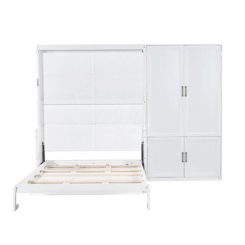 Roomfitters Queen Size Murphy Bed with Closet, Hydraulic Lift Wall Bed with Storage Cabinet, White