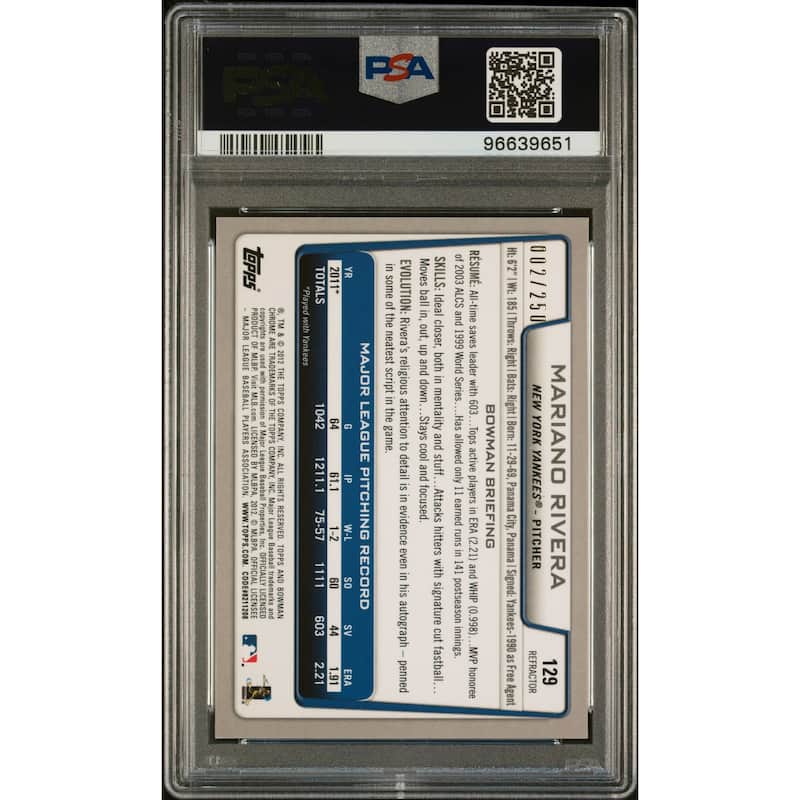 Mariano Rivera 2012 Bowman Chrome Blue Refractor Card #129 Auto PSA 10 2/250 - 8'6" x 11'6"