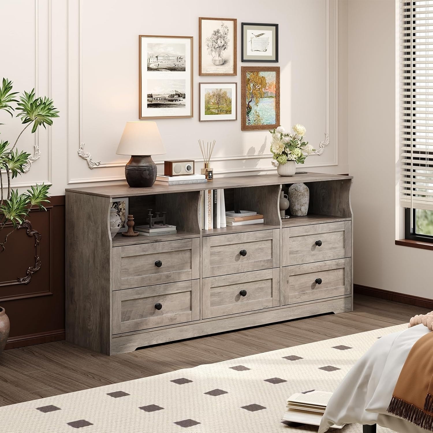 6 Drawer Dresser with Power Outlets & LED Light, Slim Wooden Chest of Drawers with Open Shelf