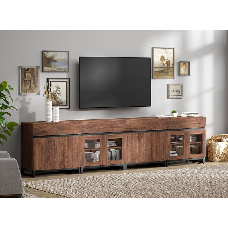 Modern 4-in-1 TV Stand for 120" TVs, Console with Glass Doors & 2 Drawers, Adjustable Shelf - 126 inches - Brown
