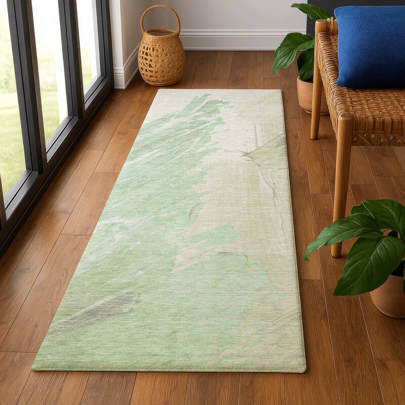 Premium Washable Super Soft Modern Brushstrokes Mayfield Rug - 2'3" x 7'6" - Aloe