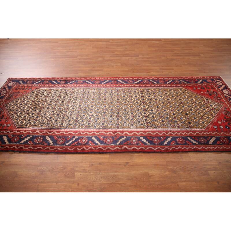 Hand Knotted Oriental 100% Wool Carpet Traditional Geometric Brown Koliaei Runner Rug - 9' 4'' X 3' 9''