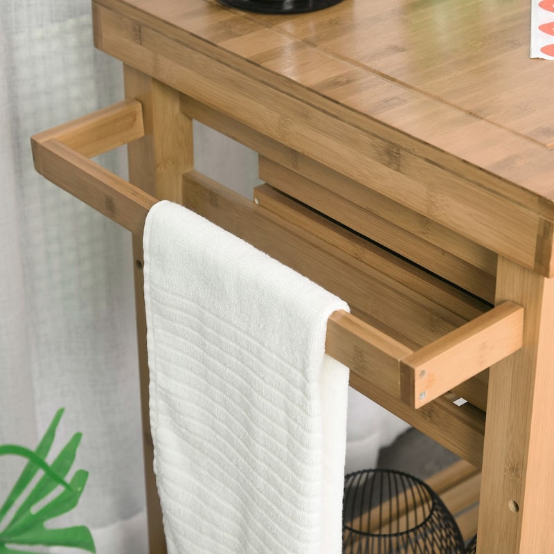 HOMCOM Bamboo Rolling Kitchen Island Trolley Utility Cart with Rolling Wheels, 2 Storage Drawers & Adjustable Shelving