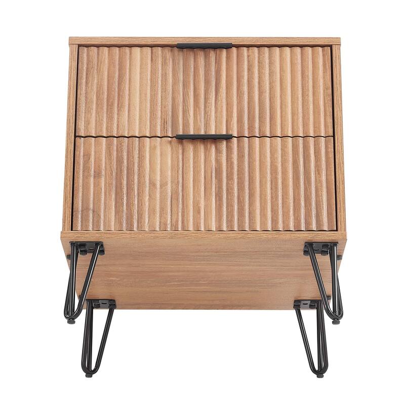 Fluted Nightstand with 2 Drawers Metal Legs Tool Free Assembly
