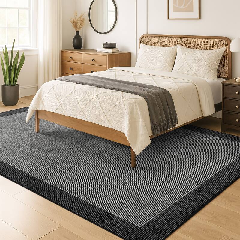 Modern Geometric Stripe Bordered Area Rug for Living Room, Bedroom, or Entryway - Low Pile Indoor Rug