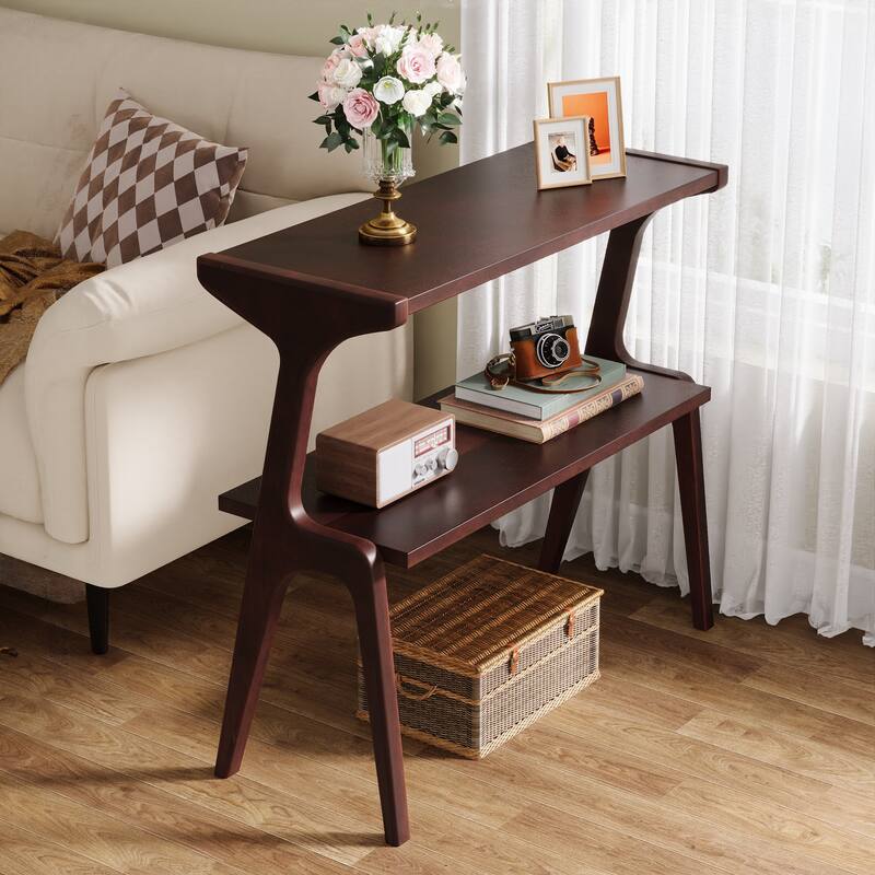 Narrow End Table for Living Room, 2-Tier Slim Sofa Side Table - Burgundy