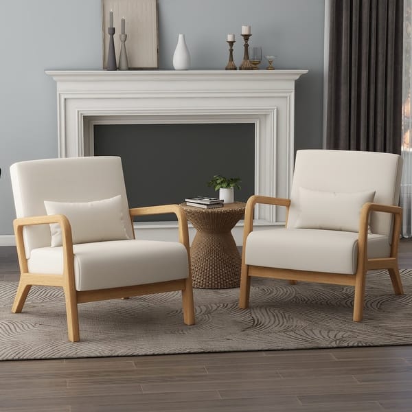 Set of 2 Upholstered Accent Chair Armchair Solid Wood Leisure Chair with Pillow - Natural Wood/Linen - Beige/Linen/Natural Wood