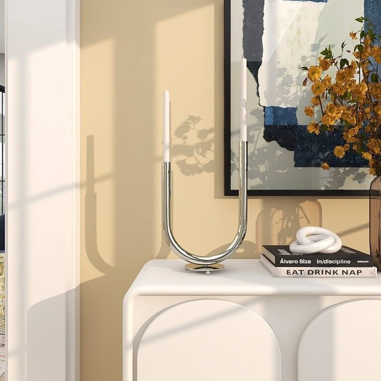 Silver Stainless Steel Metal Abstract U-Shaped Candelabra