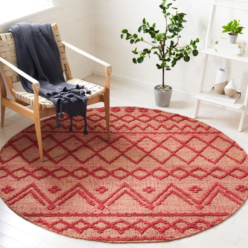 SAFAVIEH Flatweave Natural Fiber Willempje Geometric Jute Rug - 6' Round - Red/Natural