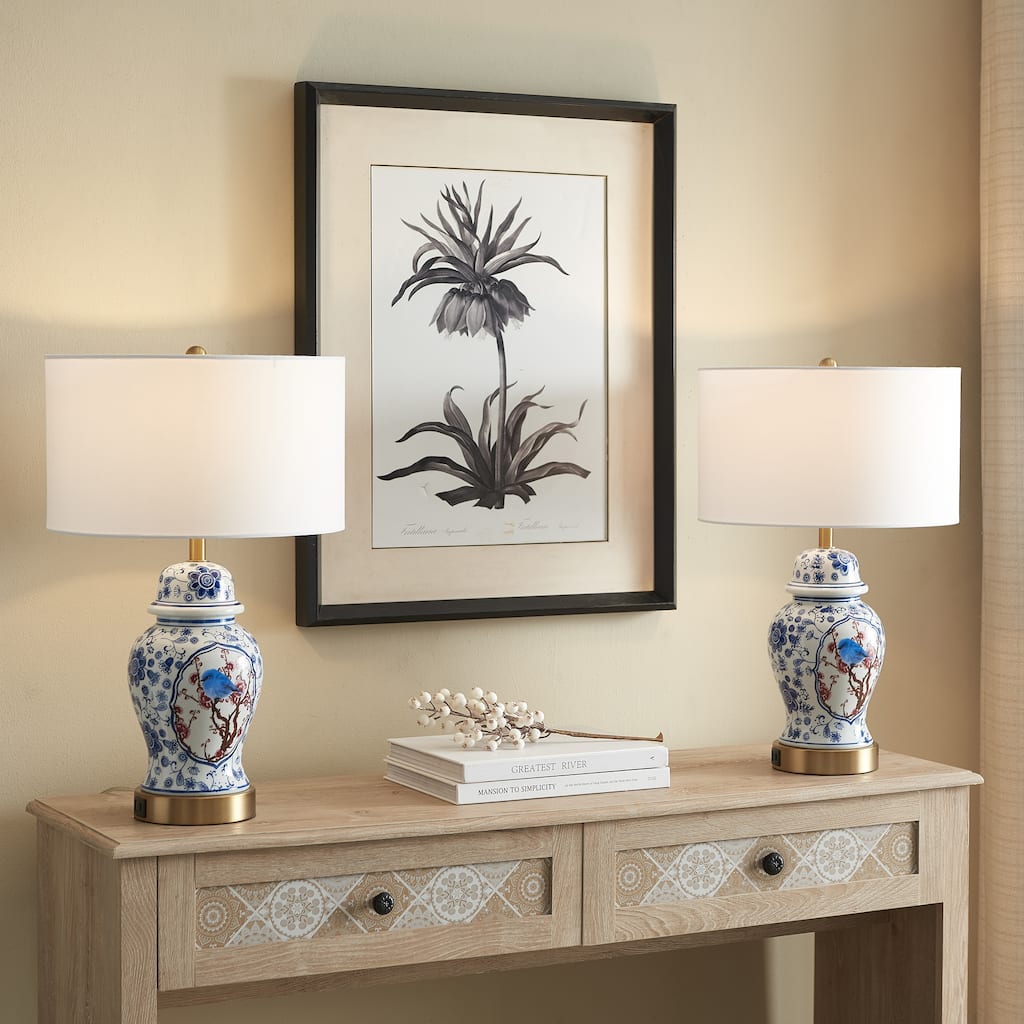 Acroma Alekya Ceramic Table Lamp with USB Ports & Type C - Set of 2