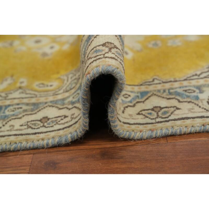 Hand Knotted Oriental 100% Wool Carpet Traditional Medallion Yellow & Gold Kerman Area Rug - 3' 7'' X 1' 9''