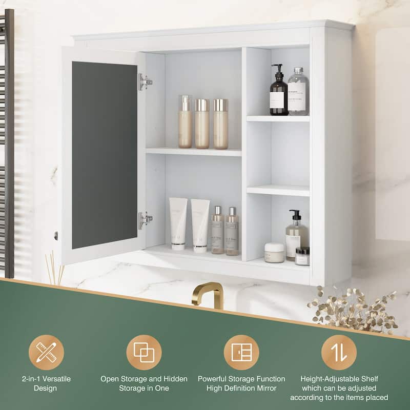 Wall-Mounted Storage Cabinet with Mirror,6 Open Shelves,Modern and Space-Saving Design for Enhanced Bathroom Organization