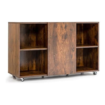 Wood Storage Cabinet with Wheels and 6 Compartments - 44" x 16" x 28" (L x W x H)