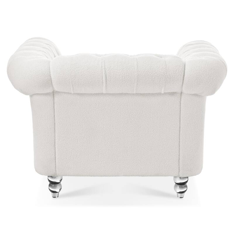 White Teddy Modern 38.98" Upholstered Buttons Tufted Accent Chair with Gourd Shaped Birch Legs and Nailheads