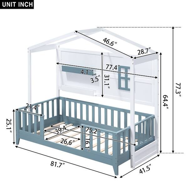 White Twin Size Pine Wood House Bed with Window, Fence, 2 Storage Shelves, Guardrail