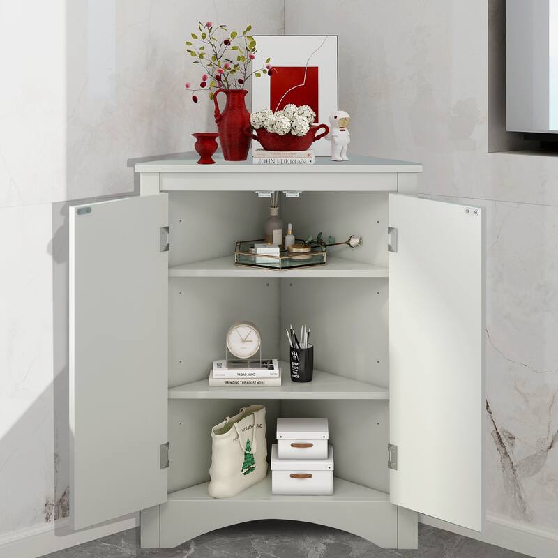 Triangle Bathroom Storage Cabinet with Adjustable Shelves, Freestanding Floor Cabinet for Home Kitchen - Grey