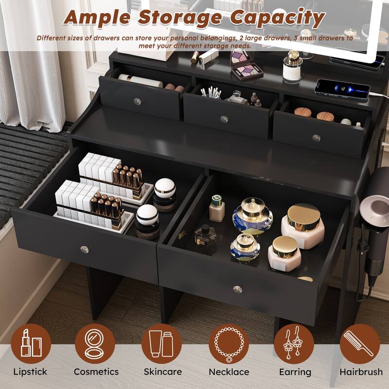 Large Mirror Vanity Desk for Bedroom, Modern Makeup Vanity with Power Outlet and Hair Dryer Holder, Dressing Table & Stool Set