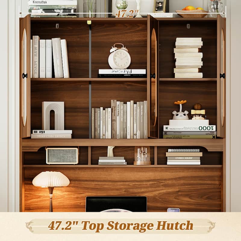 Computer Desk with Charging Ports & Hutch, Office Desk with 5 Drawers & Transparent Glass-Door, Home Executive Computer Desk