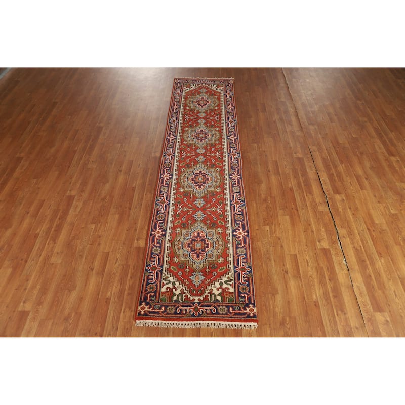 Hand Knotted Oriental 100% Wool Carpet Traditional Geometric Oranges & Rust Heriz (serapi) Runner Rug - 10' 0'' X 2' 6''