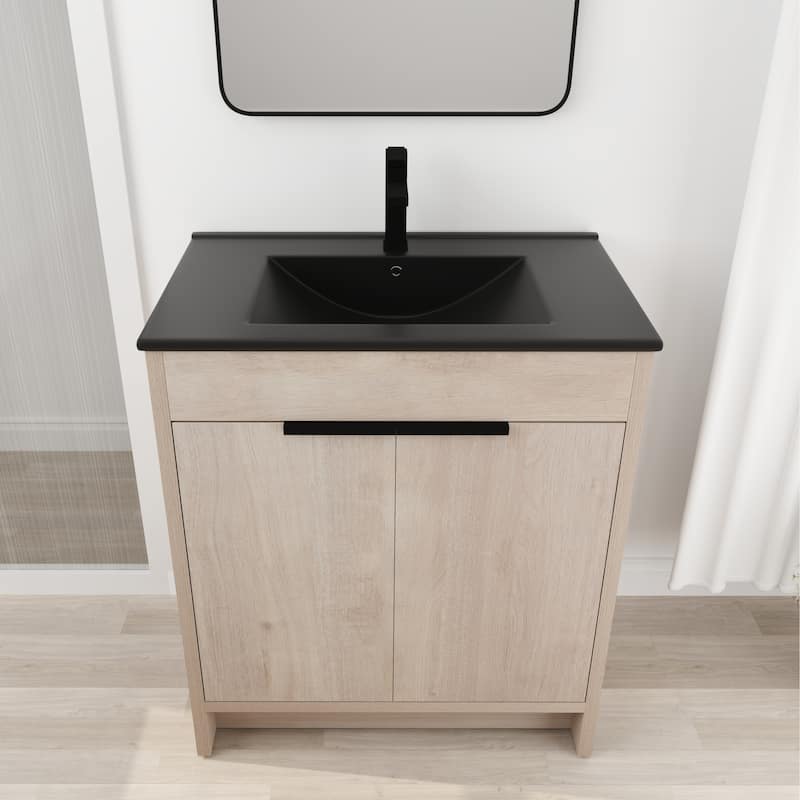 30 Inch Freestanding Bathroom Vanity with Black Ceramic Sink & 2 Soft-Close Cabinet Doors