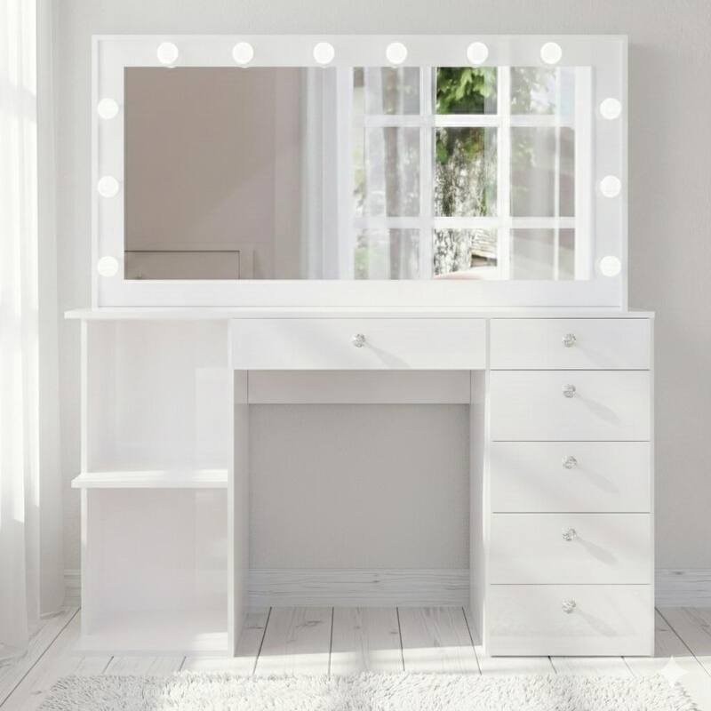 Hollywood Large Makeup Vanity Desk with 12 Light Bulbs; Modern Dressing Table with Multiple Storage Drawers & Crystal Knobs