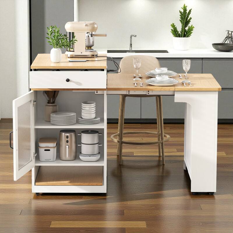 59.5" Kitchen Island with Extendable Table, Double-Sided Storage, Power Outlet, Drawers and Shelves